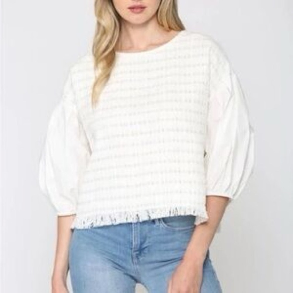 Fate Anthropologie Women Cream Tweed Balloon Sleeve Fringe Boho Blouse Top SMALL